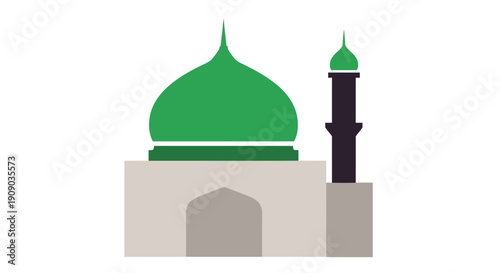 Illustration of a mosque with a green dome and minaret, symbolizing Islamic architecture and culture from a frontal viewpoint