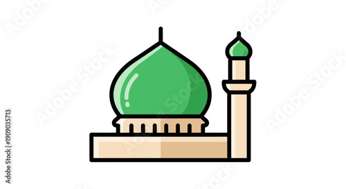 Illustration of a mosque with a green dome and minaret, symbolizing Islamic architecture and culture from a frontal viewpoint