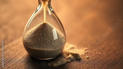 A close-up of an hourglass with flowing sand on wood, symbolizing the passage of time with warm lighting.