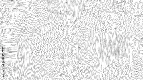 Abstract pattern of overlapping geometric shapes filled with hand drawn parallel lines in varying directions and shades of gray