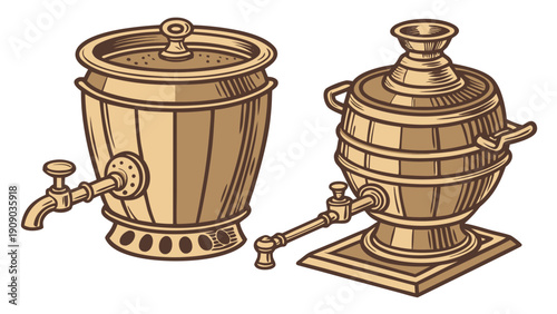 A vector graphic illustration of two traditional wooden samovars with taps and lids on a white background