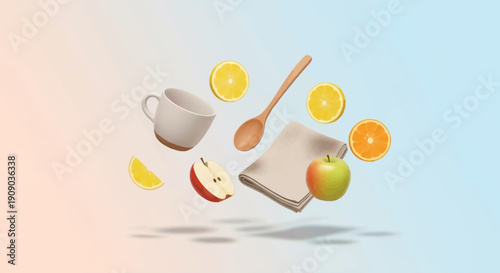 Dynamic and Refreshing Composition of Floating Kitchen Essentials and Fresh Fruits Against a Bright Gradient Background