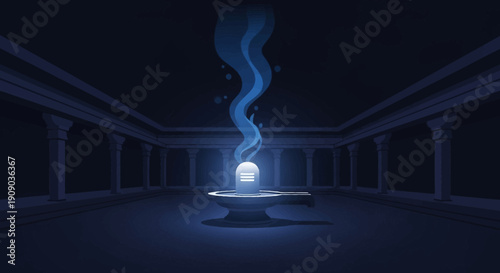 Mysterious blue light emanating from an ancient glowing altar within a dark, dimly lit chamber, creating an ethereal and mystical atmosphere