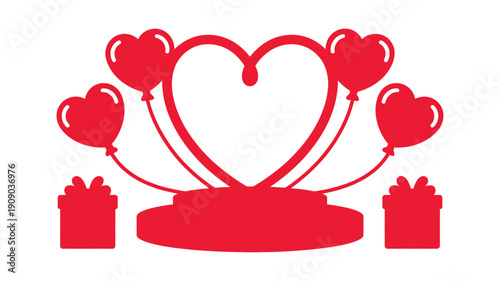 A red heart shaped balloon display with gifts on a white background