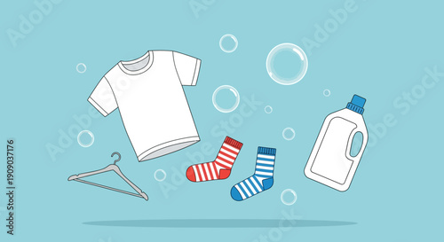 Laundry day essentials t-shirt, socks, hanger, and detergent bottle floating on a light blue background with bubbles
