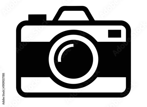 A simple black and white icon of a digital camera on a plain background