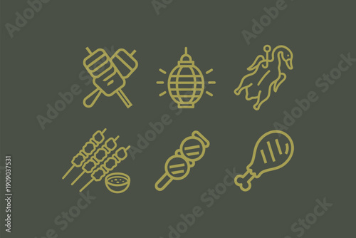 Asian Street Food and Barbecue Outline Icons Set