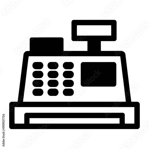 A black and white illustration of a modern cash register system