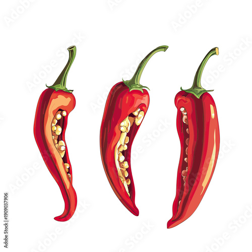 Set of three red chili peppers with green stems cut open to reveal seeds in flat minimalist vector style isolated on white background for cooking and spicy food design concept