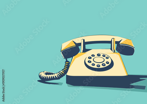 Retro rotary dial telephone with handset off hook casting shadow on blue background vintage communication device flat vector illustration