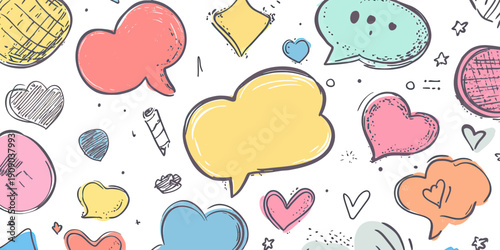 Colorful hand drawn speech bubbles with hearts doodle set, playful chat clouds and decorative abstract shapes on white background vector illustration