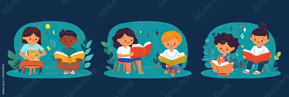 Fototapeta premium Diverse children reading books together in colorful nature-inspired minimalist flat vector illustrations promoting literacy and education concepts for kids and learning