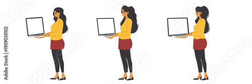 Elegant professional woman holding laptop with blank screen different poses isolated flat vector illustration business technology presentation concept