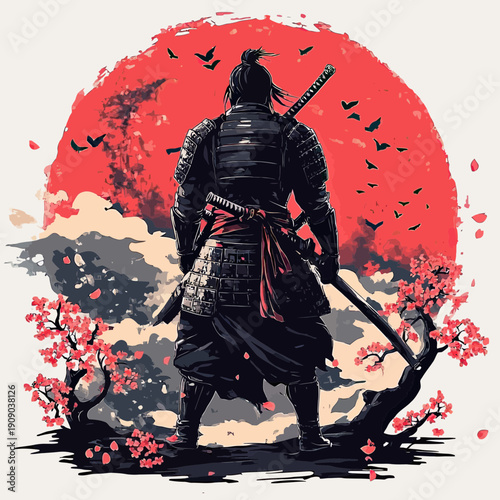 Samurai warrior in traditional armor standing among cherry blossom trees under large red sun with flying birds and dramatic clouds background vector illustration