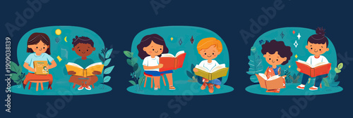 Diverse children reading books together in colorful nature-inspired minimalist flat vector illustrations promoting literacy and education concepts for kids and learning