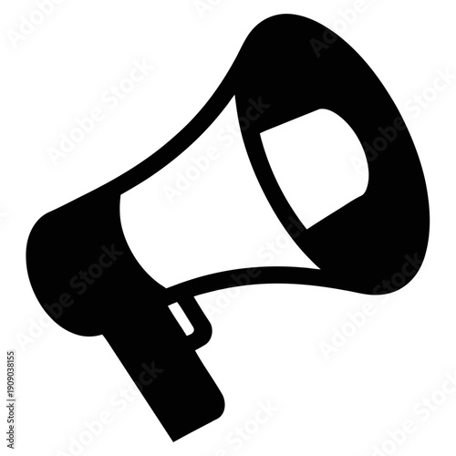 A black megaphone icon on a white background for communication and announcement purposes
