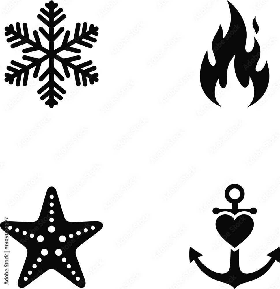 Obraz premium Nature and nautical silhouettes featuring a winter snowflake, flaming fire, textured starfish, and a heart-shaped anchor icon.