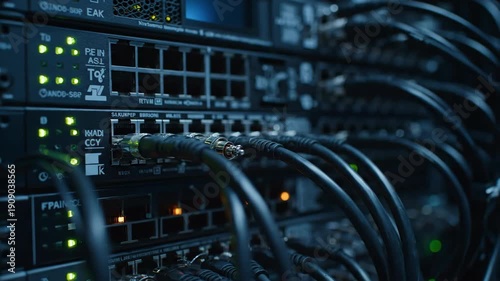 Close-up of a server rack with numerous blinking green indicator lights and thick black cables connecting the devices. The scene depicts a functional data center environment.