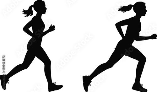 Running woman silhouette, female jogger fitness workout vector illustration isolated on white background, healthy lifestyle cardio training concept