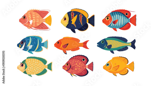 A cute colorful set of cartoon fish swimming underwater in the sea
