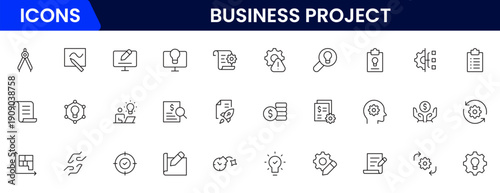 Business set of web icons in linear style. Business Project icons for web and mobile apps. Business, organisation management, planning, project, startup, marketing, teamwork. Vector illustration