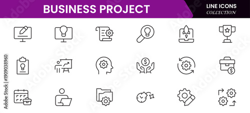 Business set of web icons in linear style. Business Project icons for web and mobile apps. Business, organisation management, planning, project, startup, marketing, teamwork. Vector illustration