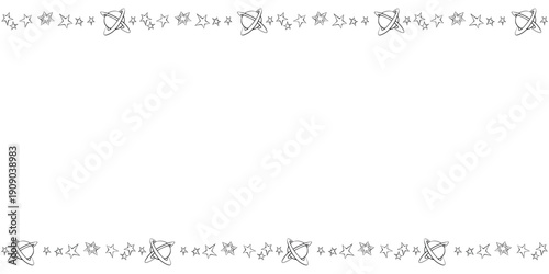 Vector frame from planets, stars in doodle flat style. Horizontal top and bottom edging, border, decoration on theme of space, astronomy, fantastic, kids design