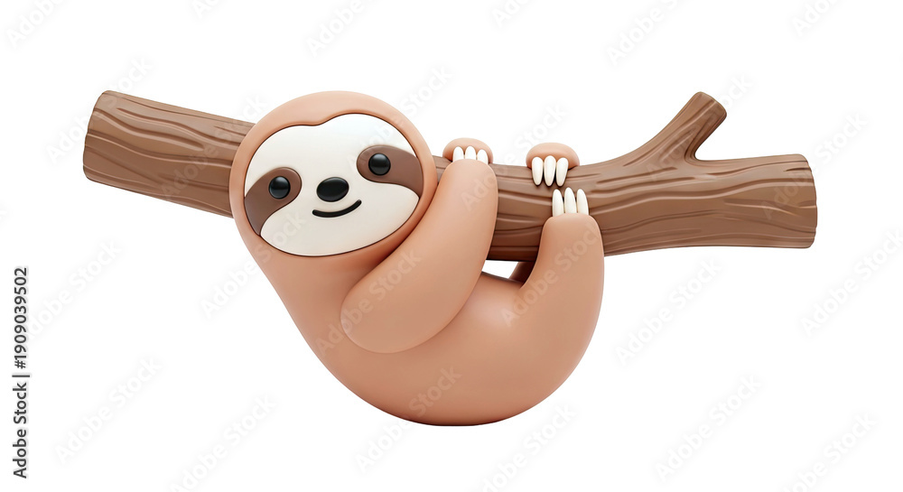 Obraz premium Cute 3D Sloth Hanging on a Branch