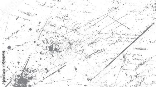 Grey ink splatters and scribbled handwriting on white background abstract black blot brush