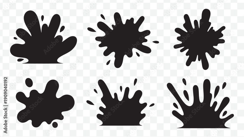Fototapeta premium Ink splatter or paint splash vector set, black splashes, grunge effect, messy blobs, abstract shapes, for overlay or design element, isolated on Transparent Background