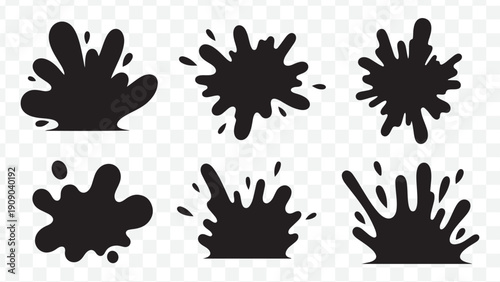 Ink splatter or paint splash vector set, black splashes, grunge effect, messy blobs, abstract shapes, for overlay or design element, isolated on Transparent Background