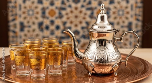 Traditional moroccan tea setting with ornate teapot and glasses illustration