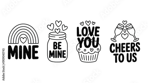A set of cute Valentine's Day stickers and icons on a white background
