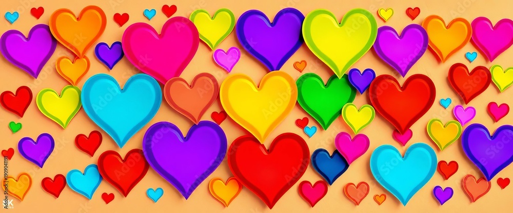 Fototapeta premium Abstract heart shapes, various sizes and orientations, vibrant colors, art, geometric