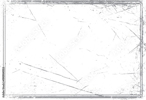 Grey distressed square frame with scratches and speckles on white background. Textured border with grunge effect. Abstract overlay