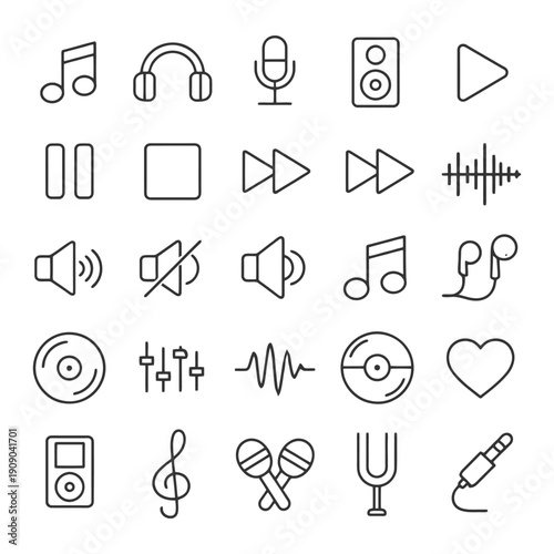 Minimalist audio icon set featuring music, sound, and playback symbols.