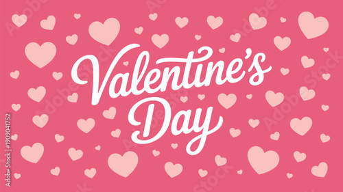 A festive Valentine's Day graphic with hearts and pink background