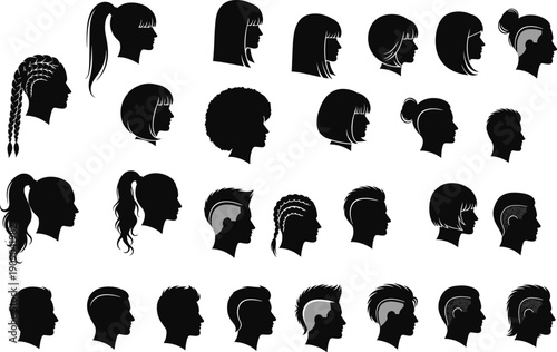 Collection of diverse male and female hairstyle silhouette profiles showcasing modern, classic, curly, straight, braided, and shaved haircuts isolated on white background