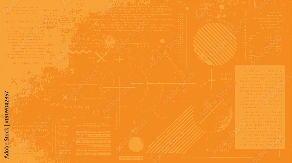 Obraz premium Orange Textured Background with Geometric Shapes and Text Fragments grunge distressed