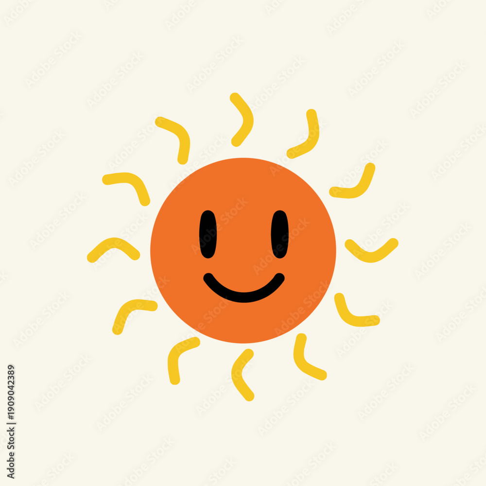 Obraz premium Happy Smiling Sun Icon with Yellow Rays on Cream Background, Summer Weather Concept