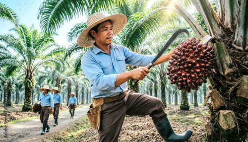 Farmer harvesting palm oil fruit in lush plantation with colleagues in background