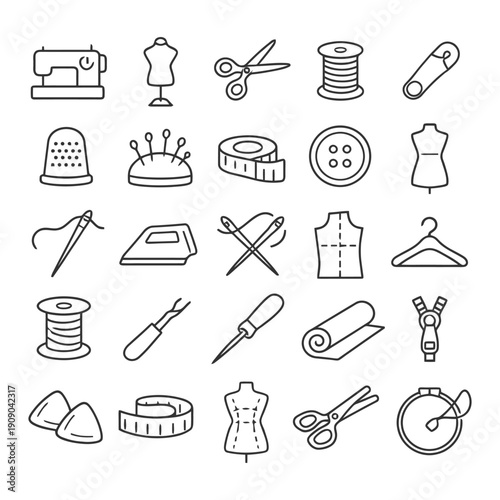 Sewing tools and accessories line art icons for fashion design.