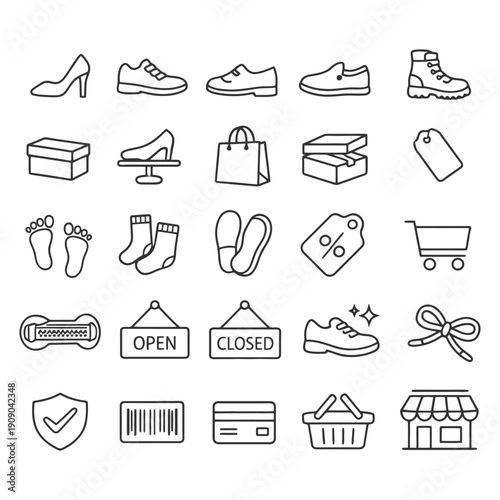 Footwear and shopping icons: shoes, tags, baskets, and accessories.