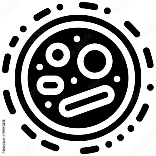 A black and white illustration of a petri dish with microorganisms