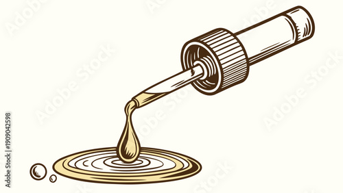 A dropper pouring a single drop of liquid into a circular pattern on a flat surface, illustration, top view