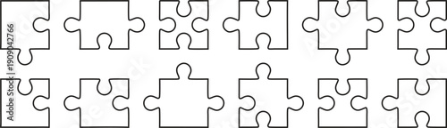 Outline puzzle piece pattern forming a seamless jigsaw background. Minimal black line puzzle layout for teamwork, strategy, or problem solving concepts. Clean abstract connection design.