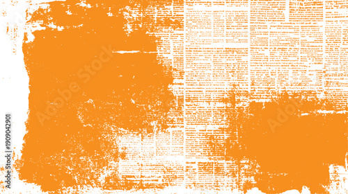 Orange distressed newspaper texture with white text fragments and abstract shapes