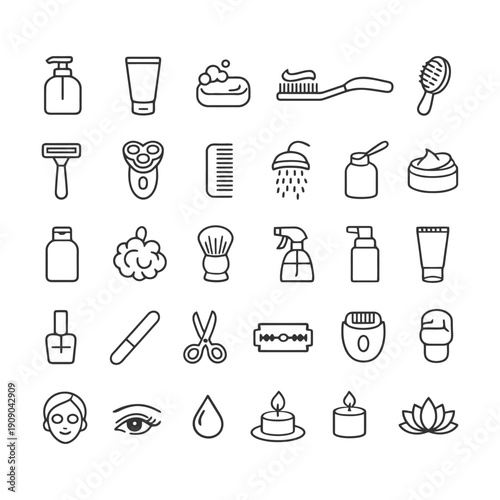Personal care icons: grooming, skincare, hygiene essentials in line art.