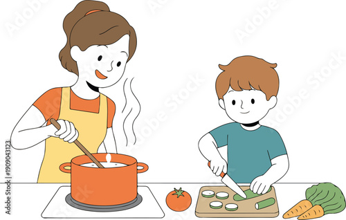 Family Cooking at Home Illustration  Mom Teaching Child to Prepare Healthy Meal