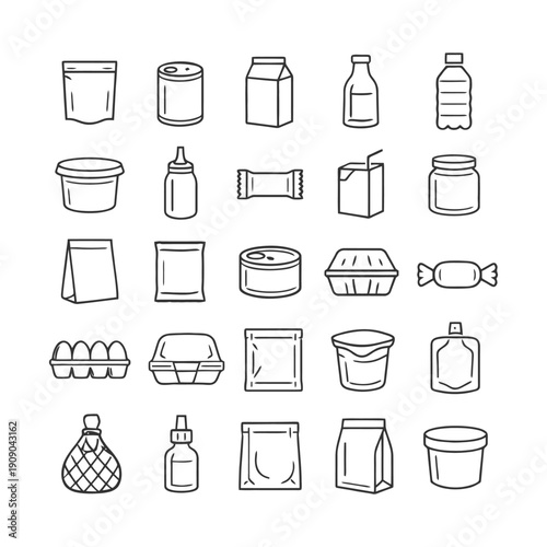 Variety of food and beverage packaging icons in simple line art style.